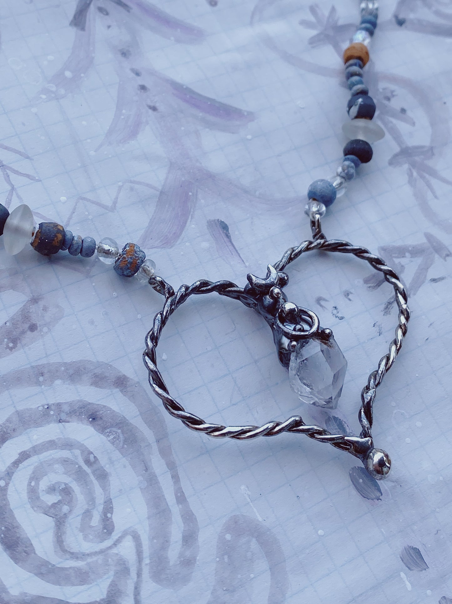 ꩜ volua ꩜ heart stone herkimer and hand painted rain bead necklace