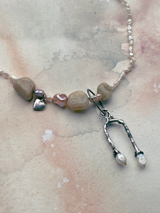 secret door pearl pendant with chunky jasper and silver heart