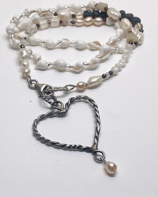 coil heart pearl droplet with seashells and gemstone