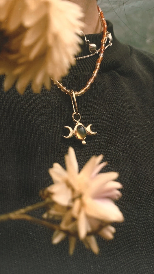 ꩜ volua ꩜ triple moon fire opal on gradient carnelian – unique fire opal and carnelian necklace, handcrafted artisan design, vibrant luxury golden brass