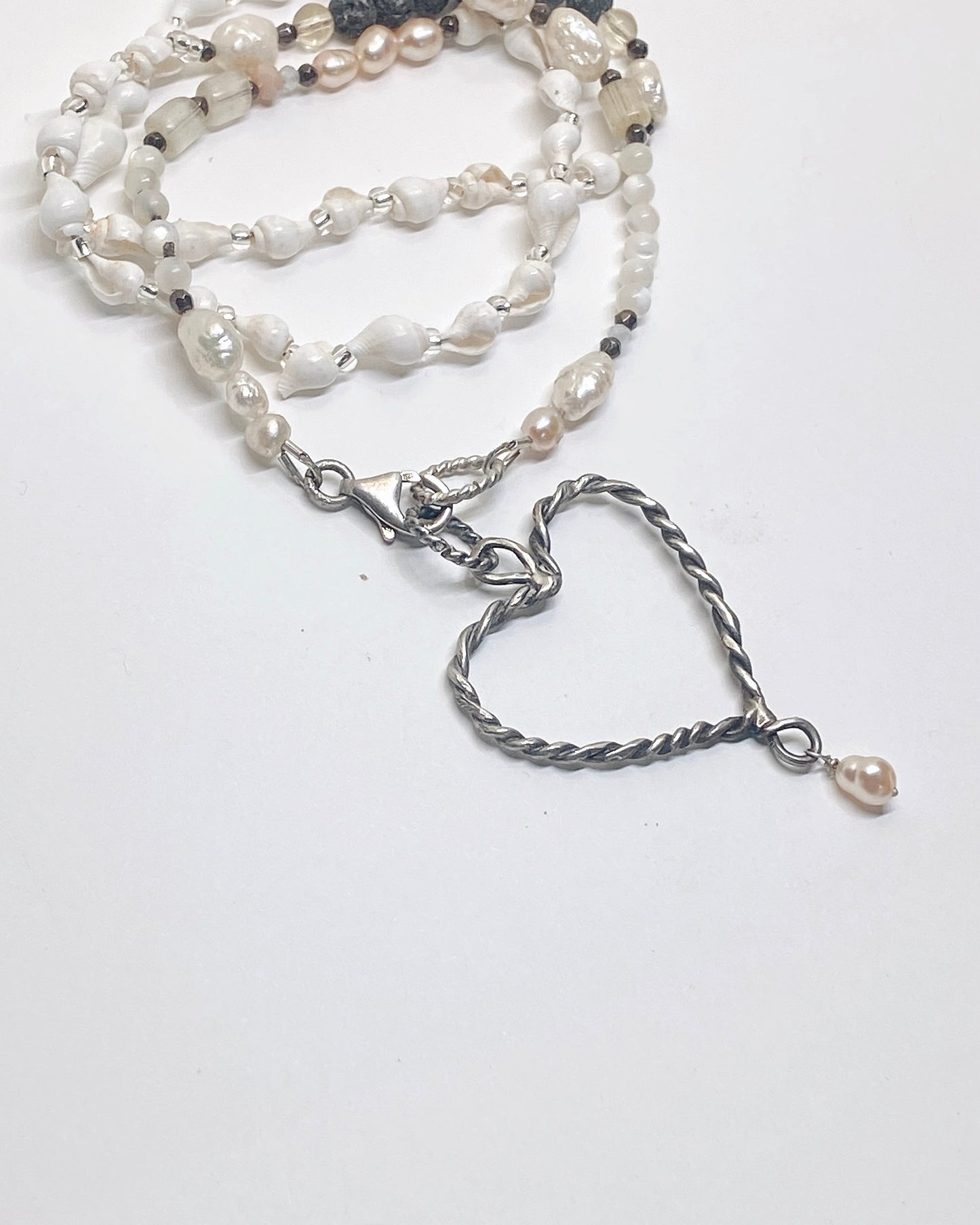 coil heart pearl droplet with seashells and gemstone