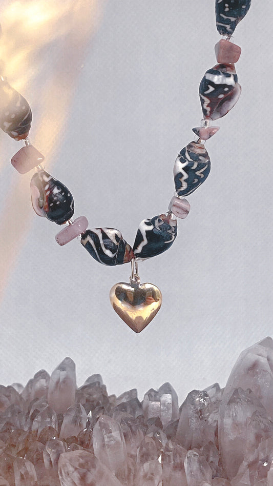 mottled mini shells and jasper with vintage gold plated silver heart