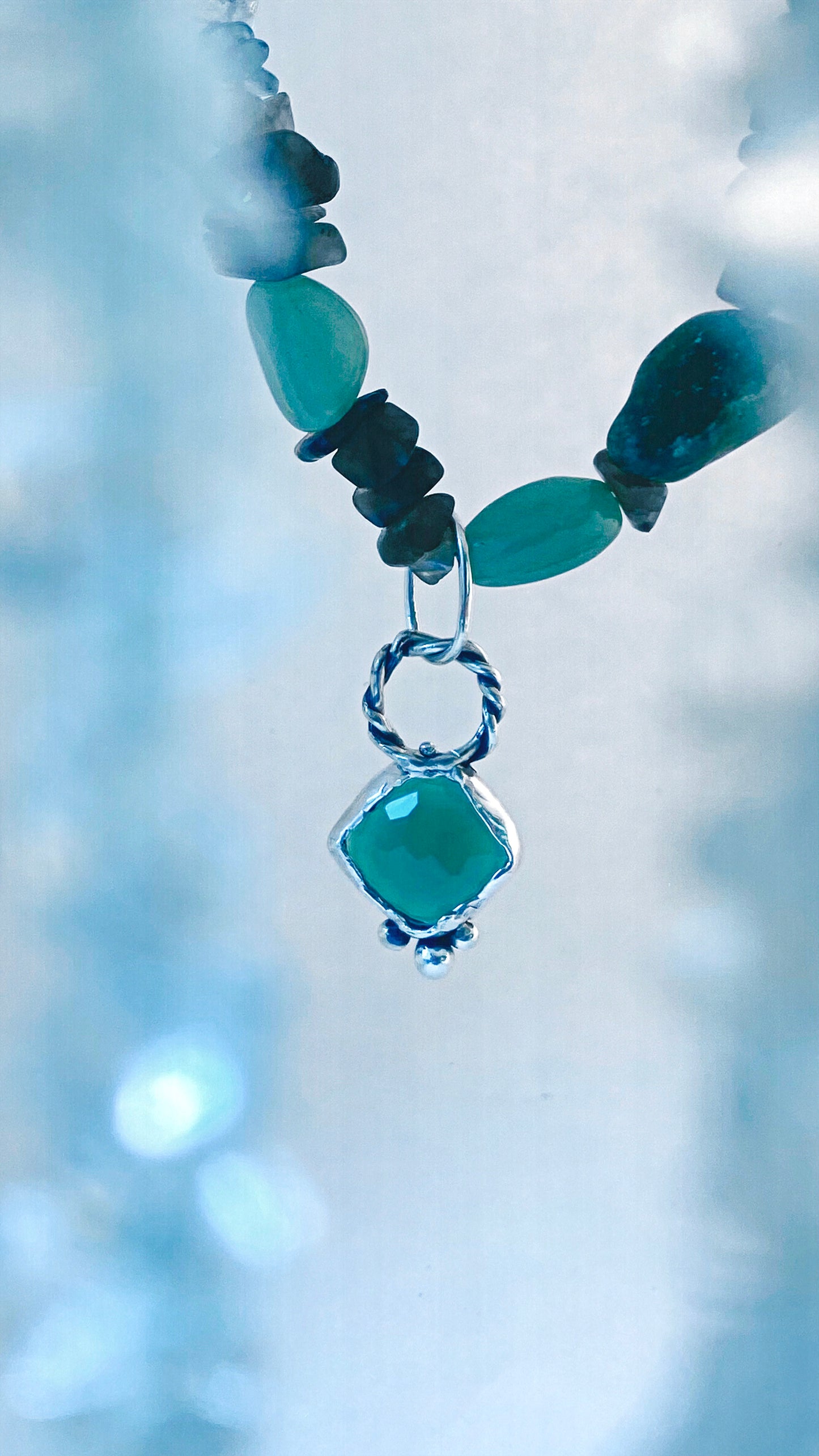 ꩜ volua ꩜ rocky facet onyx green goddess – silver handmade green onyx goddess necklace, artisan symbolic jewellery, one of a kind heirloom talisman