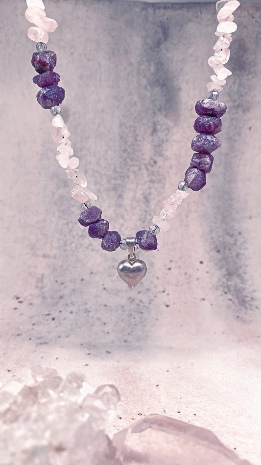 y2k vintage silver heart with rose quartz and rare, raw amethyst boulders