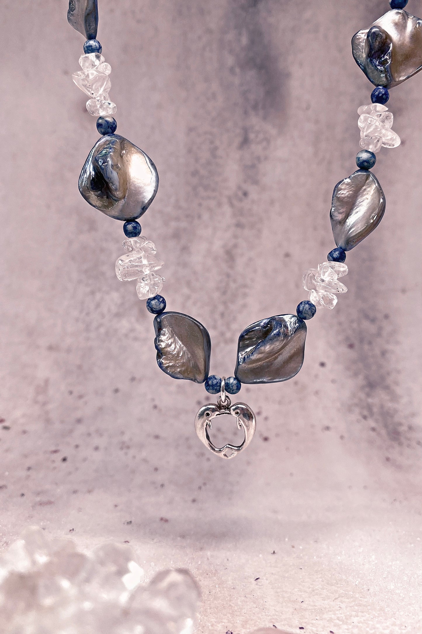 deep sea dolphin love with sodalite, quartz and seashell chunks silver fantasy mermaid