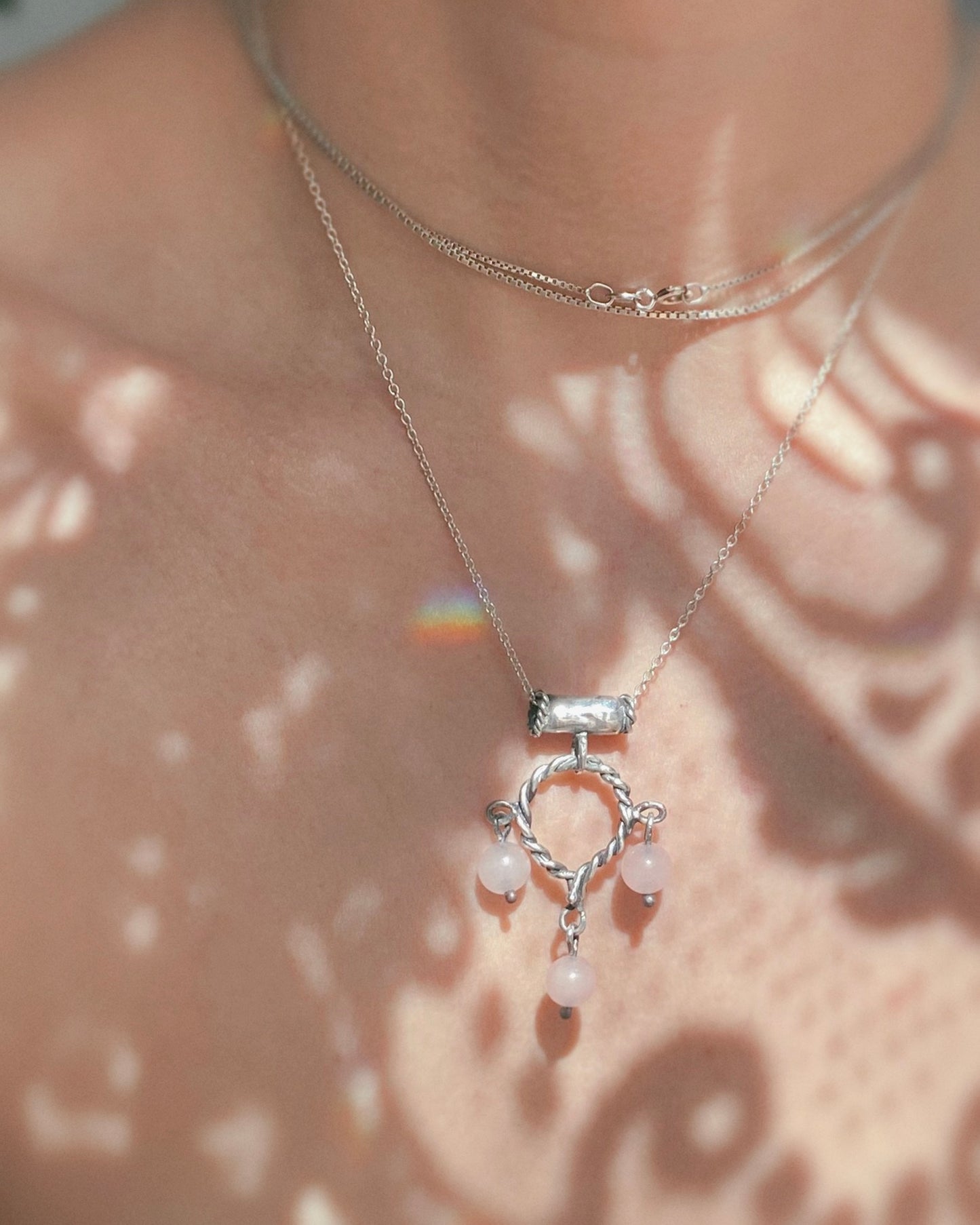 helix triple rose quartz silver pendant {door nox}