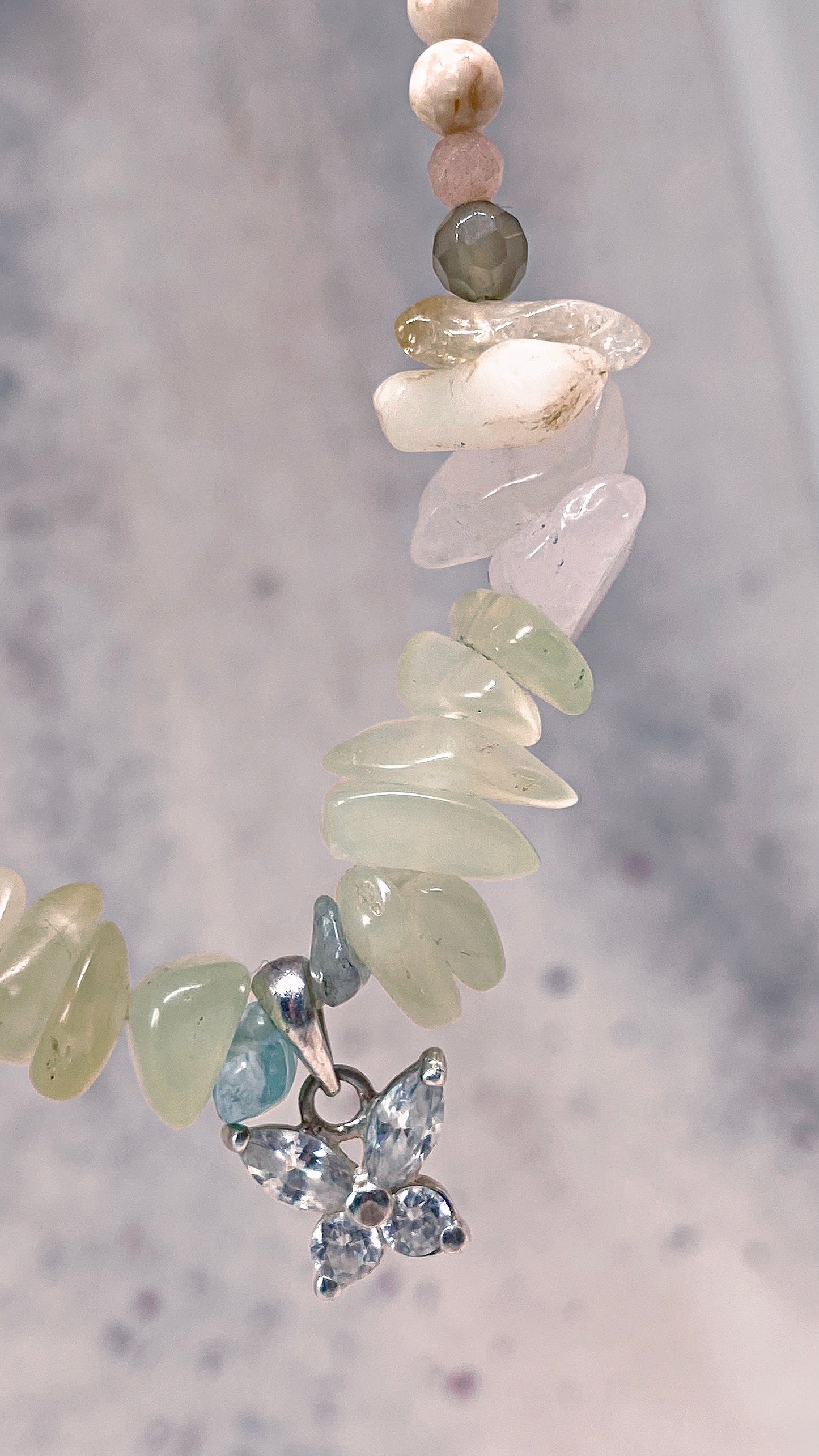 mini butterfly on jade, apatite, rose quartz gradient with howlite