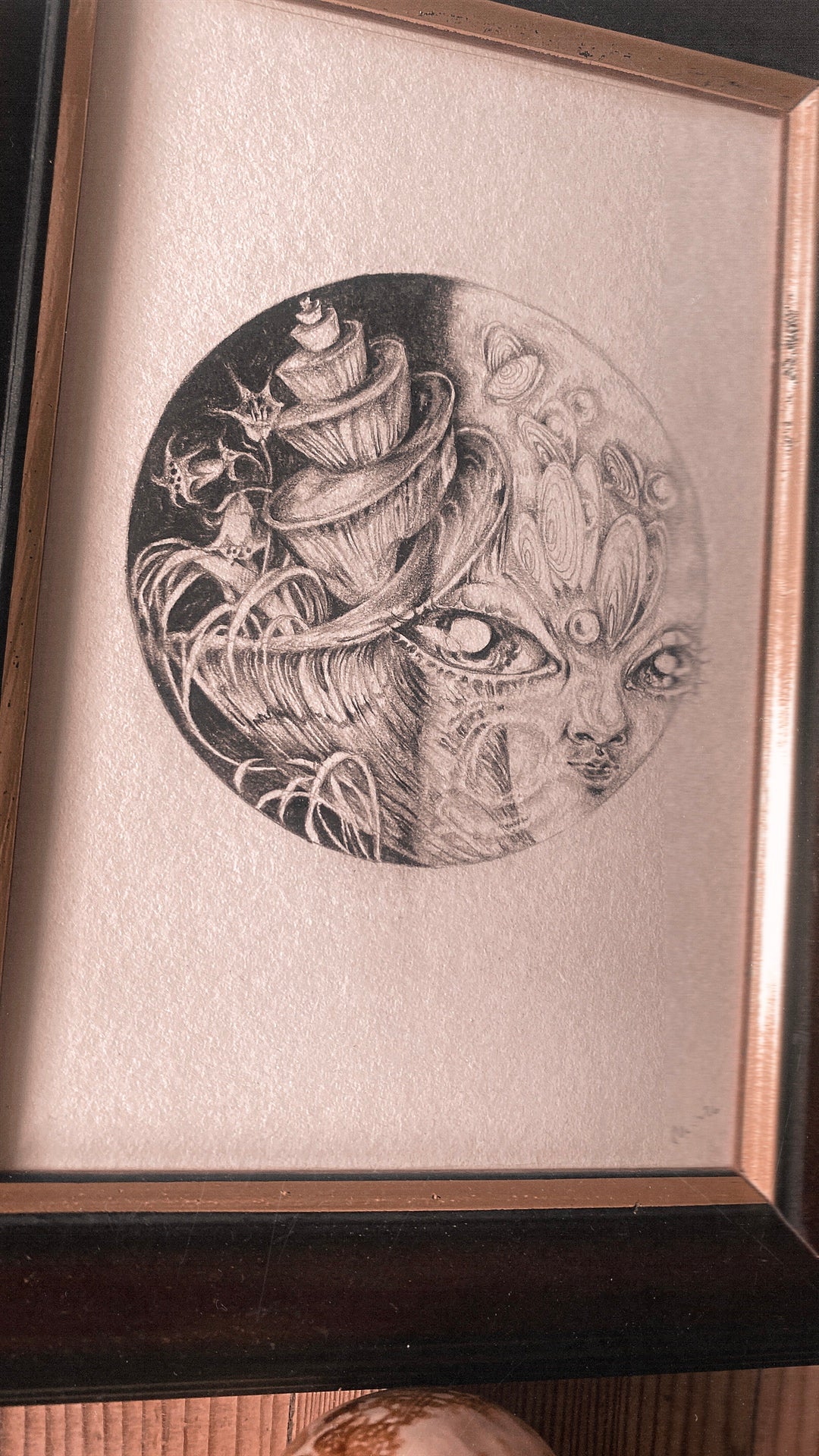 first quarter (waxing half illuminated) moon - framed original drawing