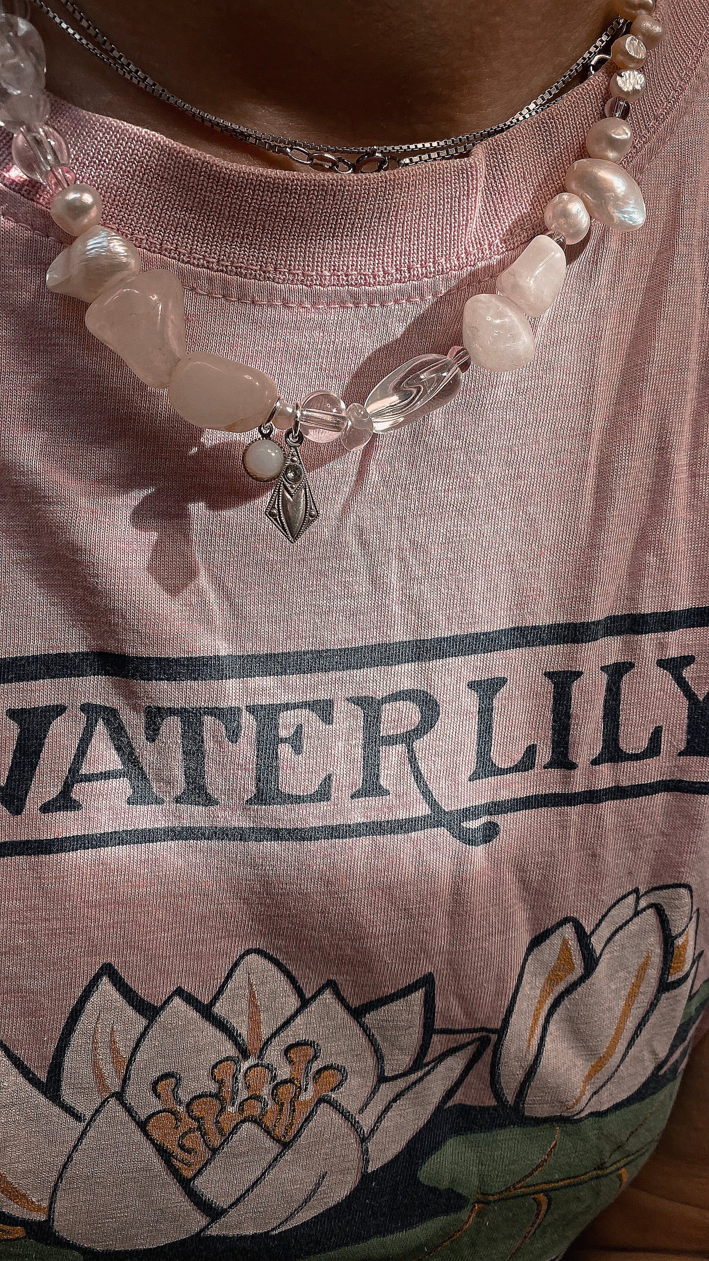 milky moonstone and vintage art noveau mini pendants on chunky pearl and gemstone strand