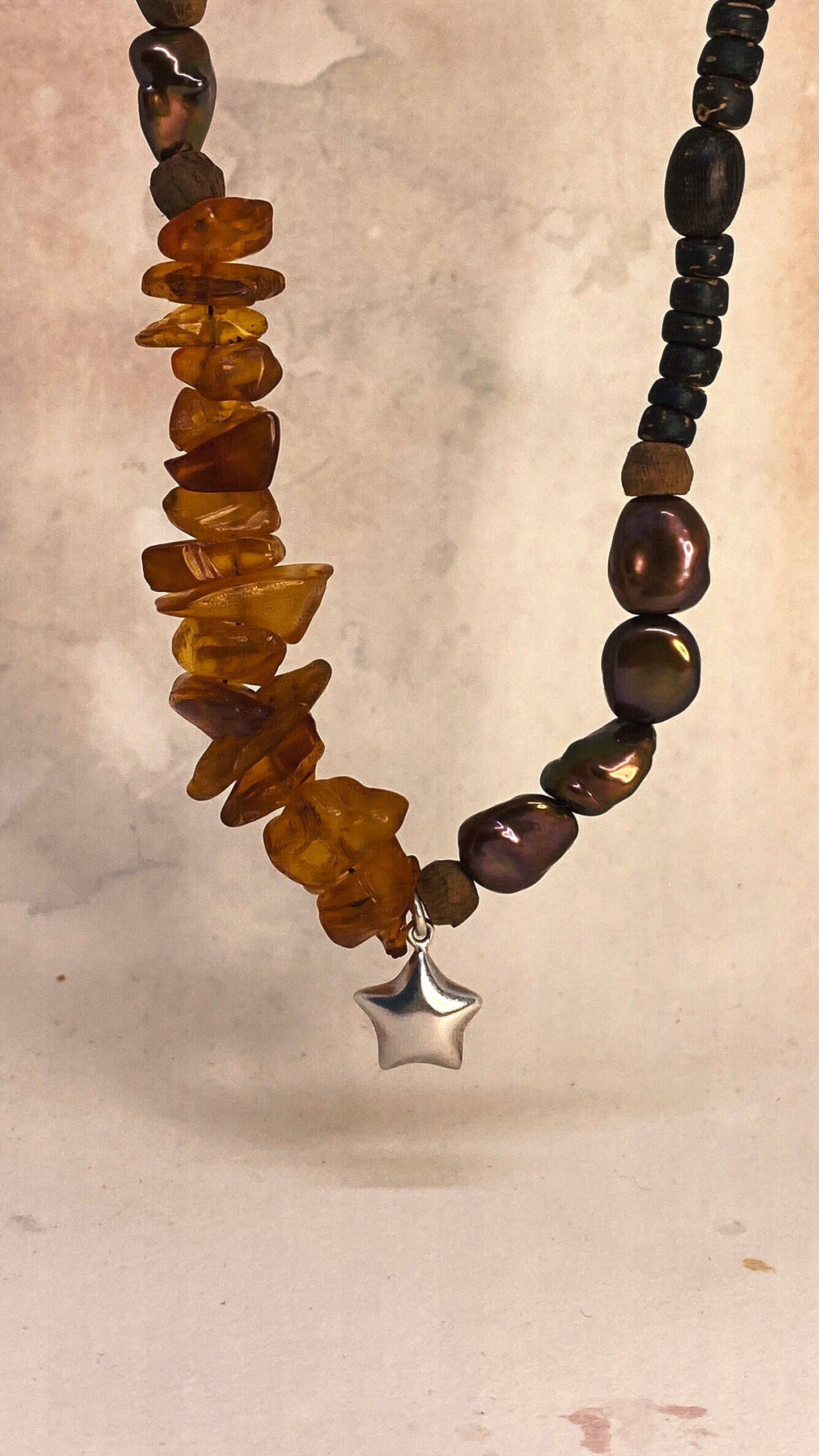 baltic amber, chocolate pearl and chunky vintage silver star