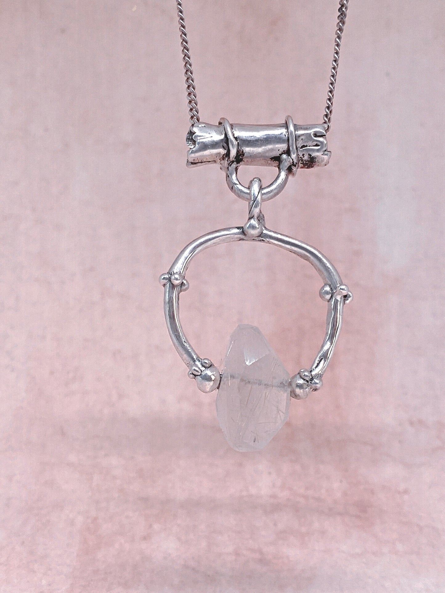 pale gold glint rutilated droplet silver pendant {door nox} – handmade rutilated quartz statement pendant, artisan gothic design, unique door knocker trinket silver