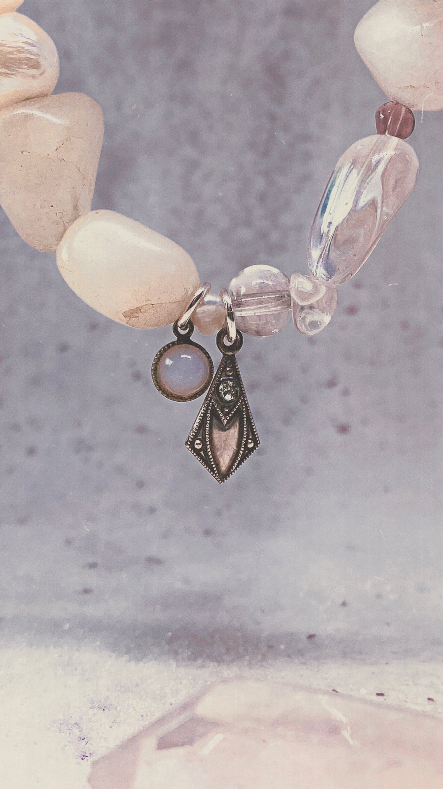 milky moonstone and vintage art noveau mini pendants on chunky pearl and gemstone strand