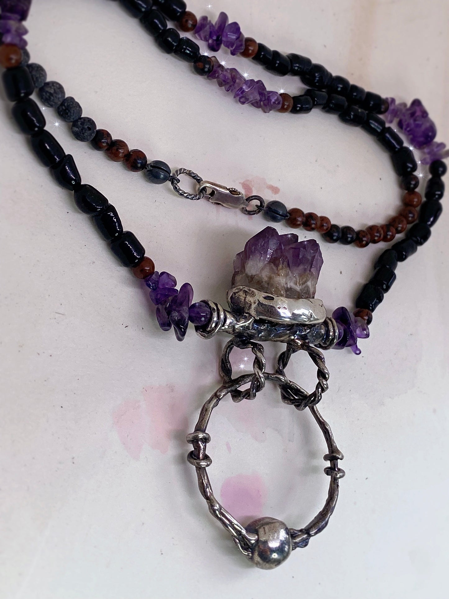 ꩜ volua talisman ꩜ amethyst with door knocker on mineral and lava aroma bead strand