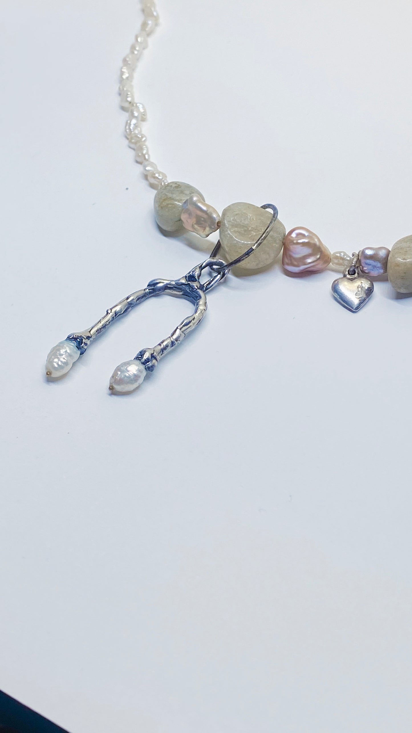 secret door pearl pendant with chunky jasper and silver heart