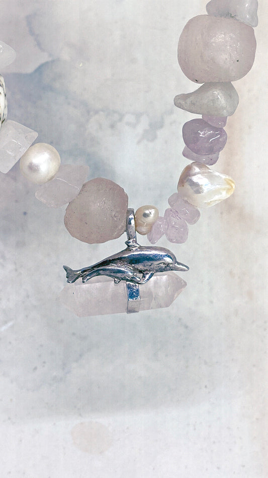 vintage silver dolphin mother and child pair with rose quartz on chunky, organic strand