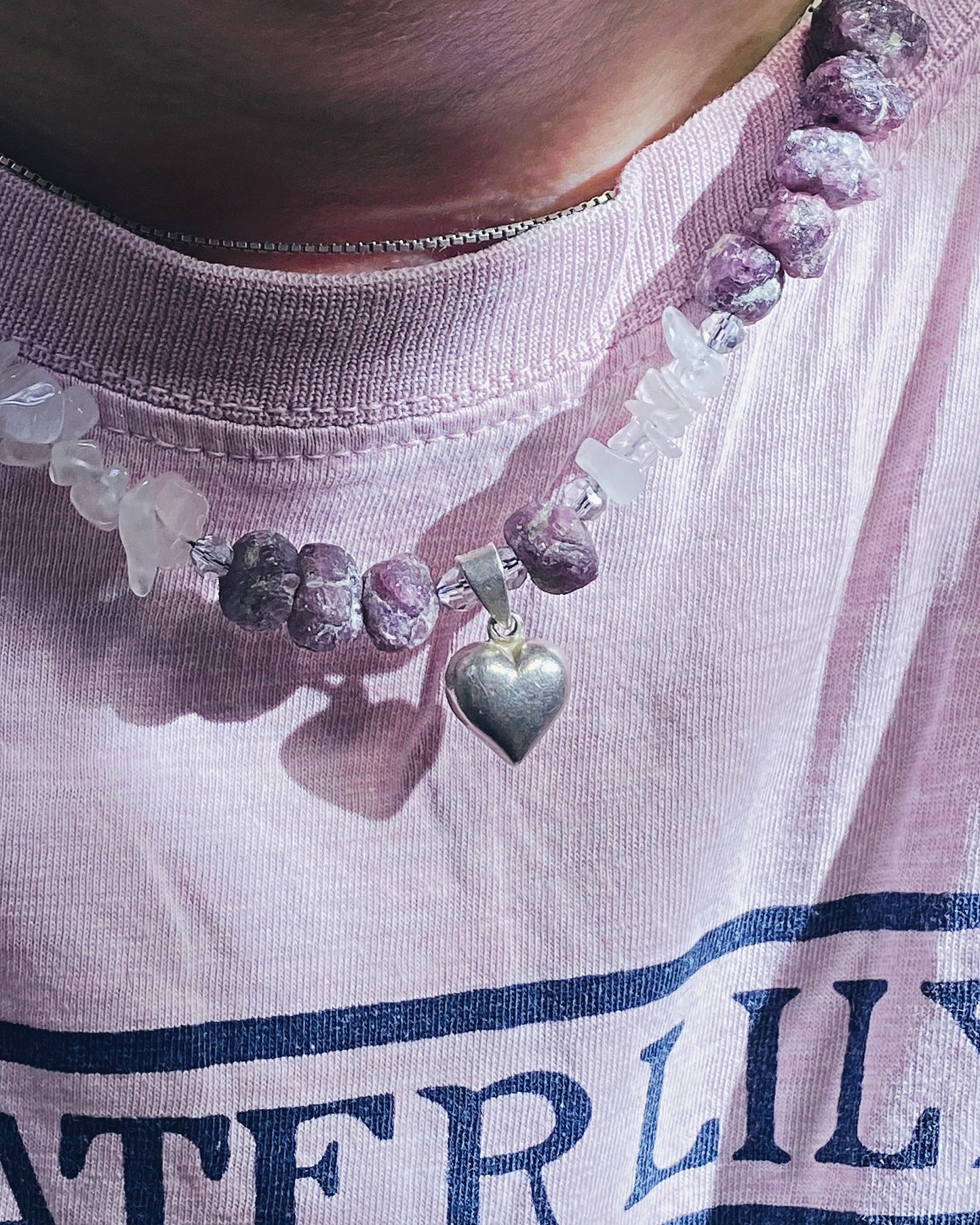 y2k vintage silver heart with rose quartz and rare, raw amethyst boulders