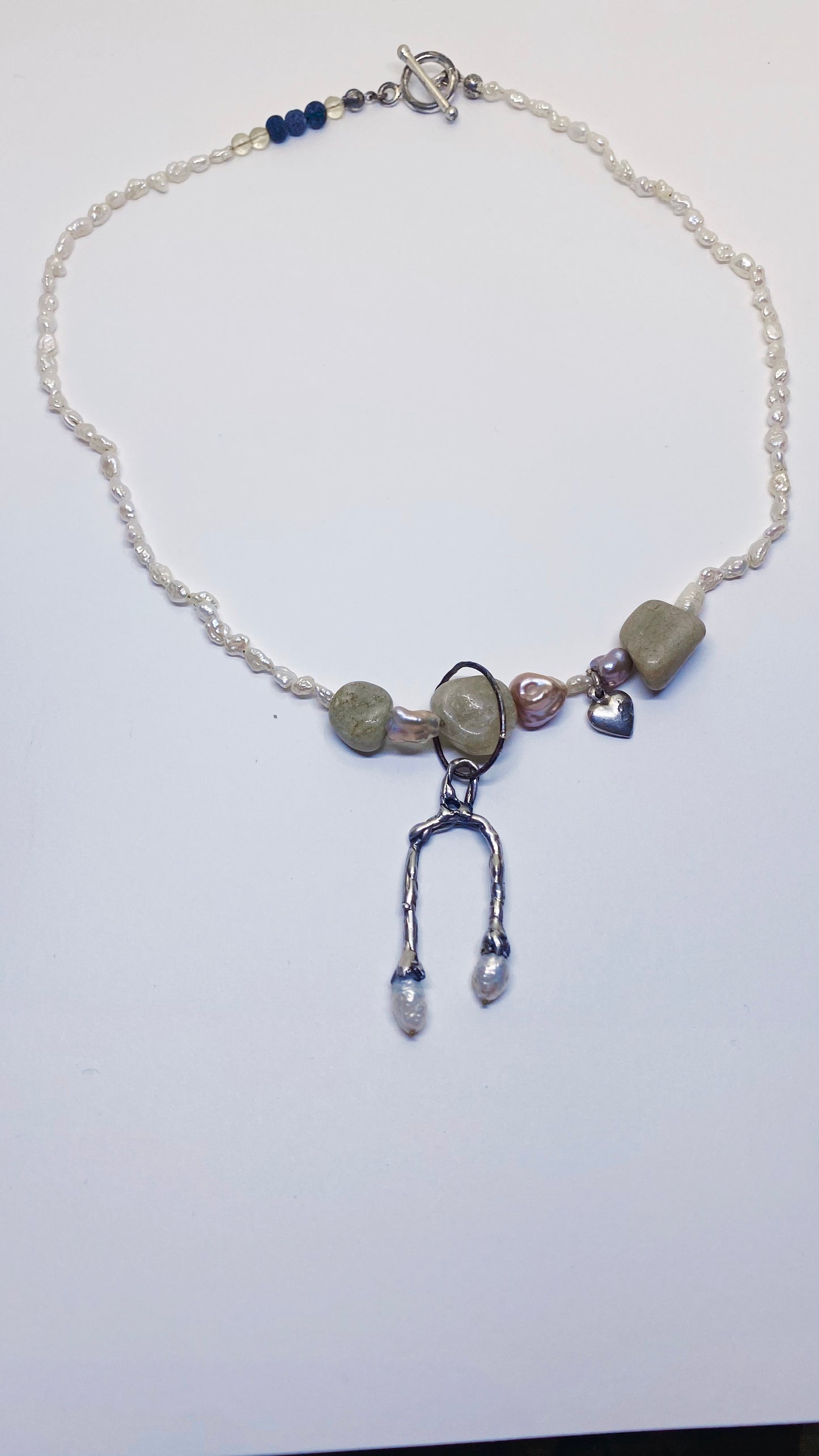 secret door pearl pendant with chunky jasper and silver heart