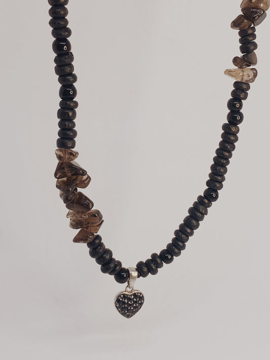 smoky quartz and dark glass with vintage heart charm