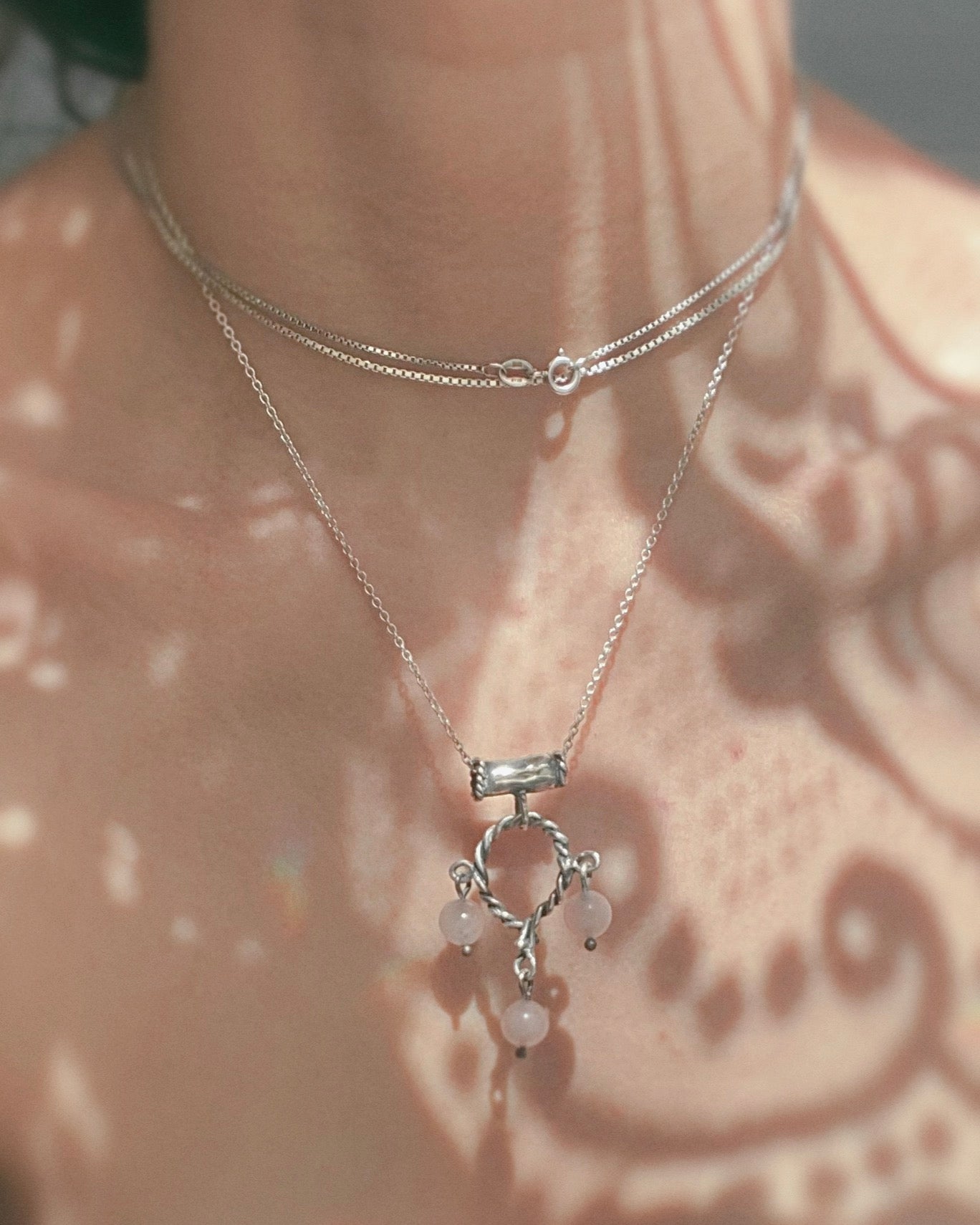 helix triple rose quartz silver pendant {door nox}