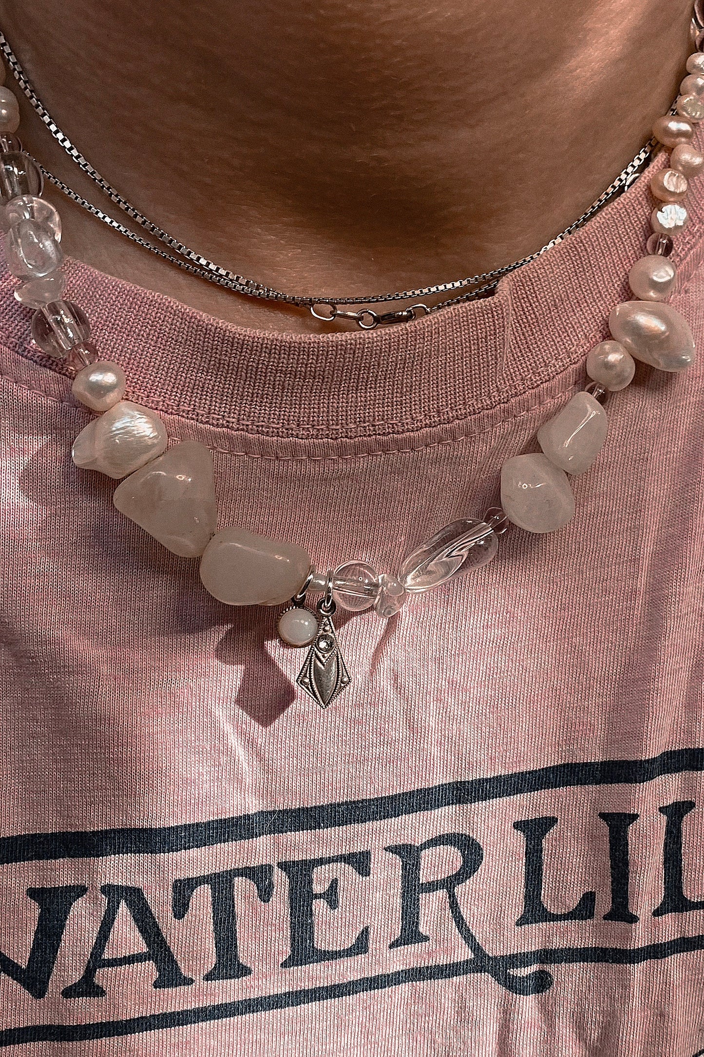 milky moonstone and vintage art noveau mini pendants on chunky pearl and gemstone strand