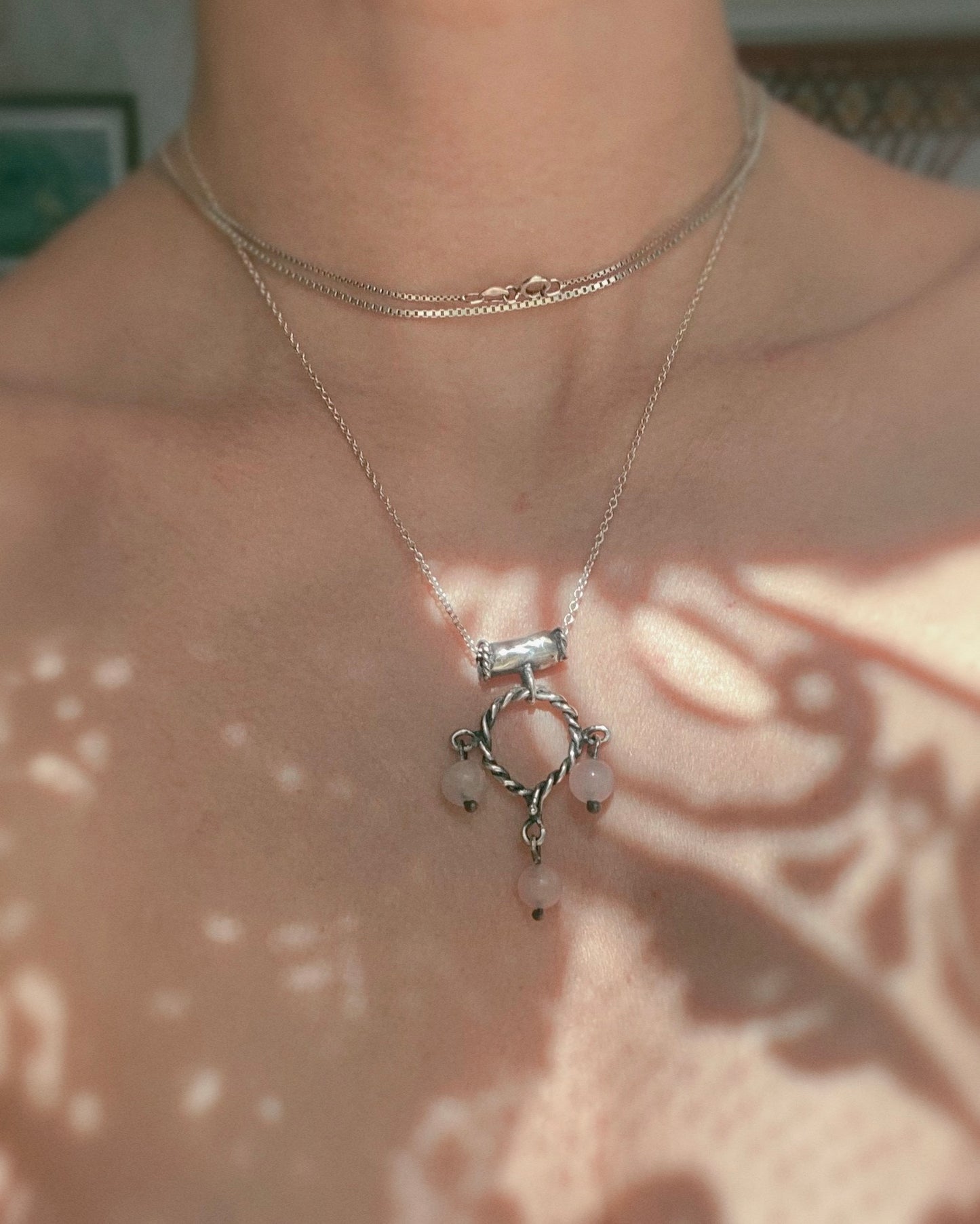 helix triple rose quartz silver pendant {door nox}