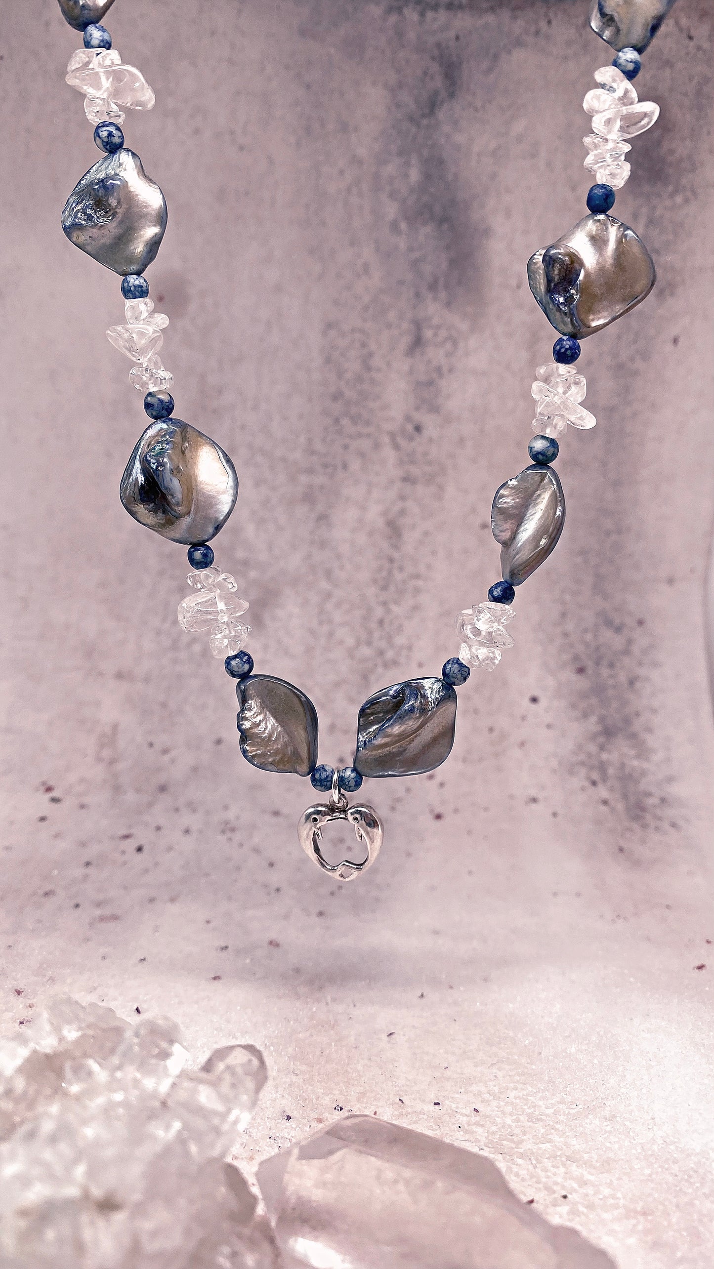 deep sea dolphin love with sodalite, quartz and seashell chunks silver fantasy mermaid