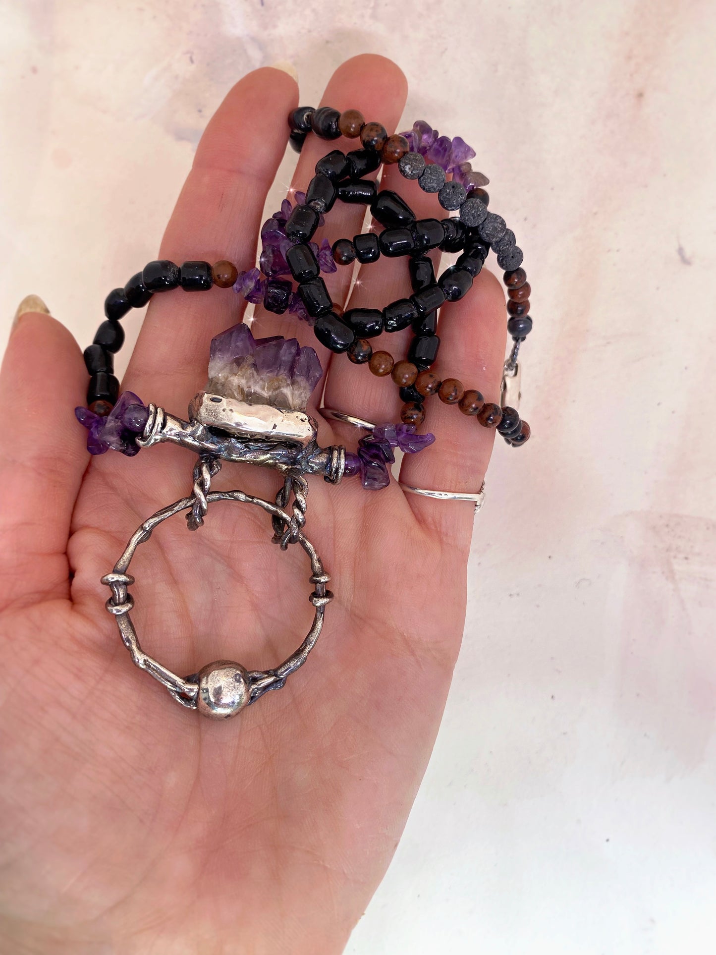 ꩜ volua talisman ꩜ amethyst with door knocker on mineral and lava aroma bead strand