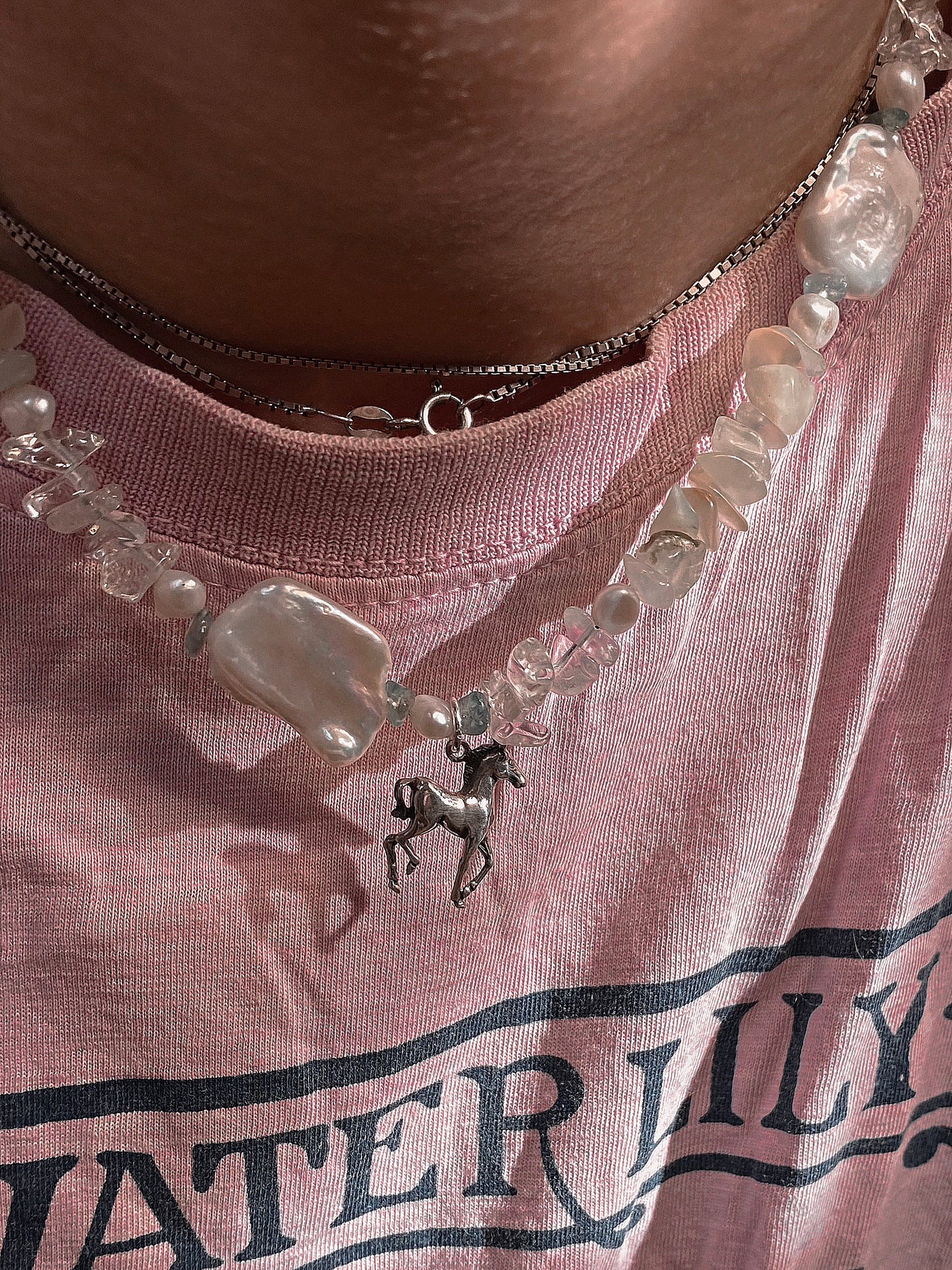 mermaid's pony, mini horse silver pendant on fresh water pearl and quartz variations