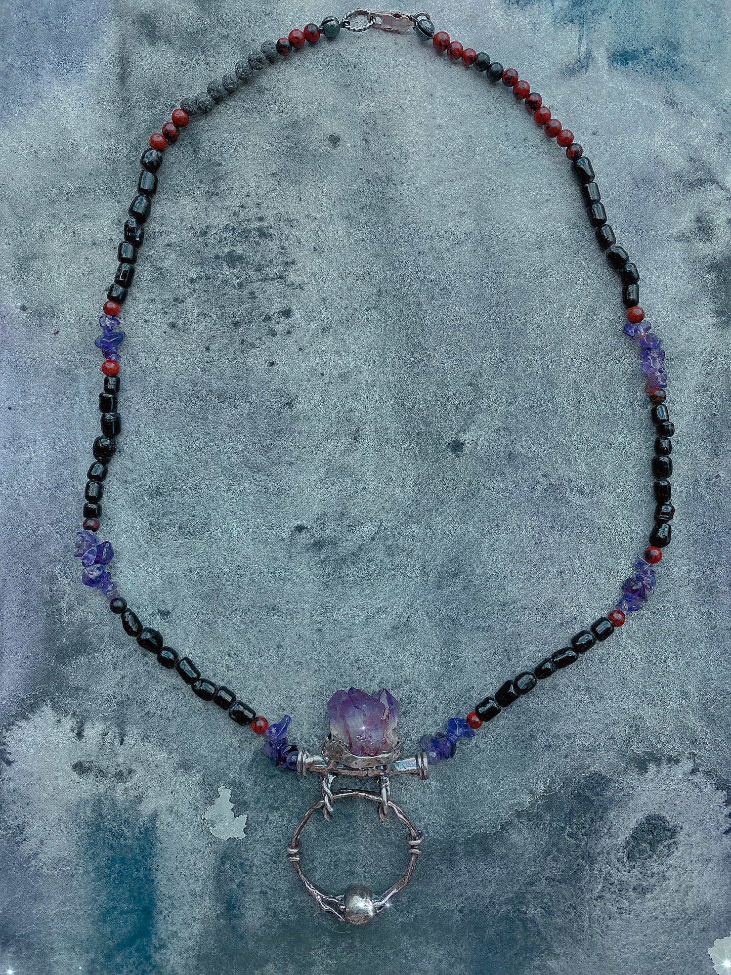 ꩜ volua talisman ꩜ amethyst with door knocker on mineral and lava aroma bead strand