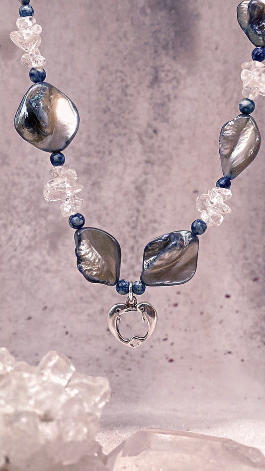 deep sea dolphin love with sodalite, quartz and seashell chunks silver fantasy mermaid