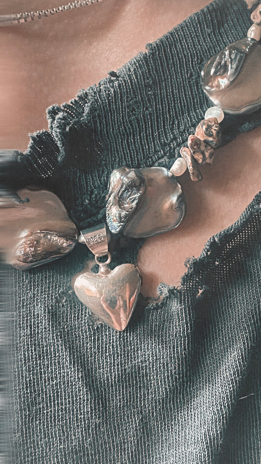vintage silver heart on seashell, fresh water pearl and leopard jasper