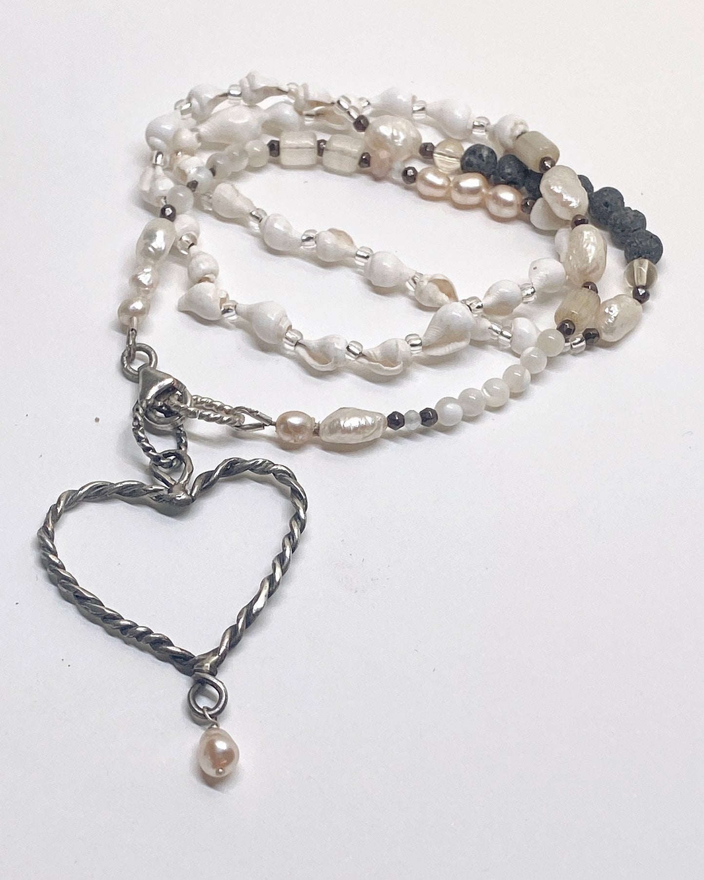 coil heart pearl droplet with seashells and gemstone