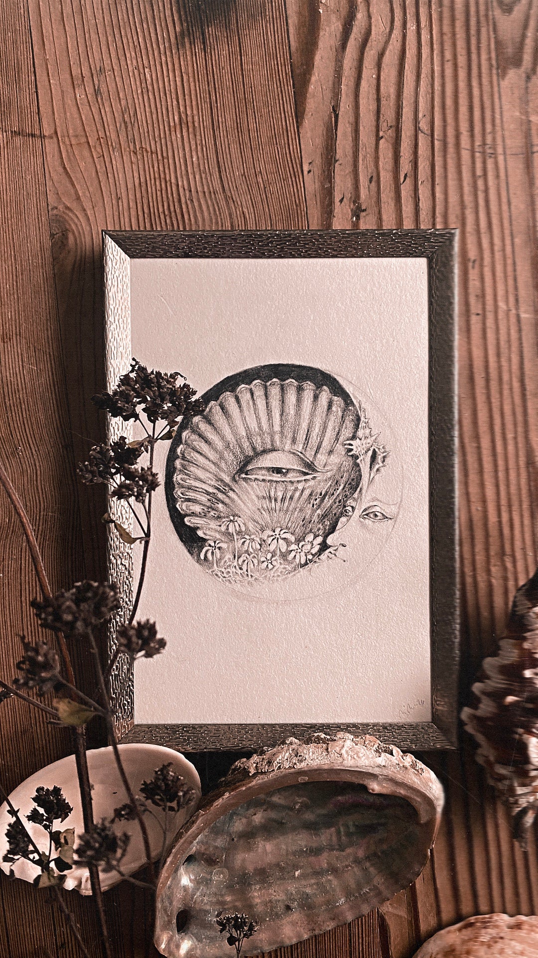 waxing crescent sea moon framed original drawing