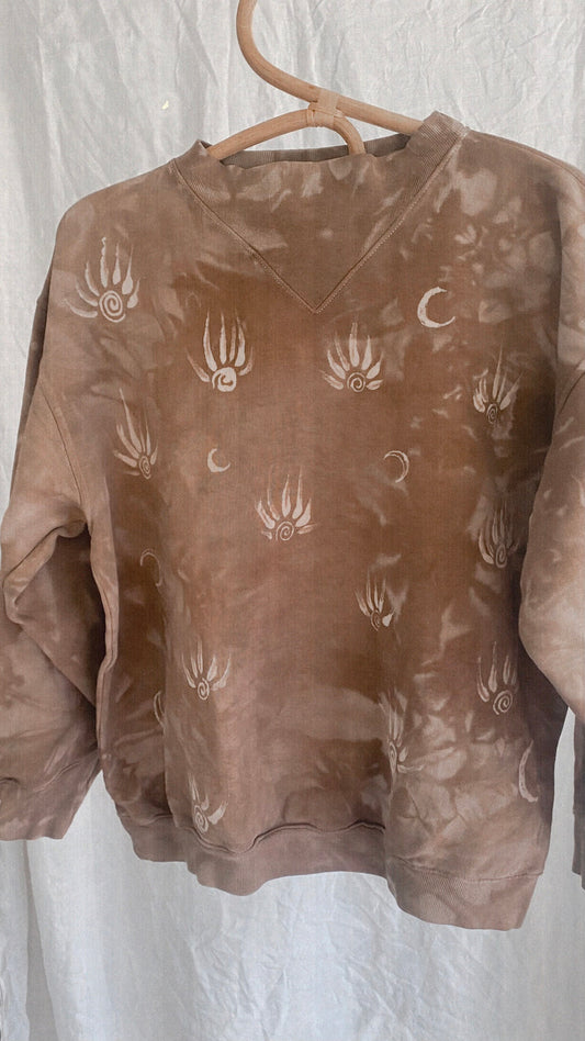 flame spiral and moon earth tone batik sweater