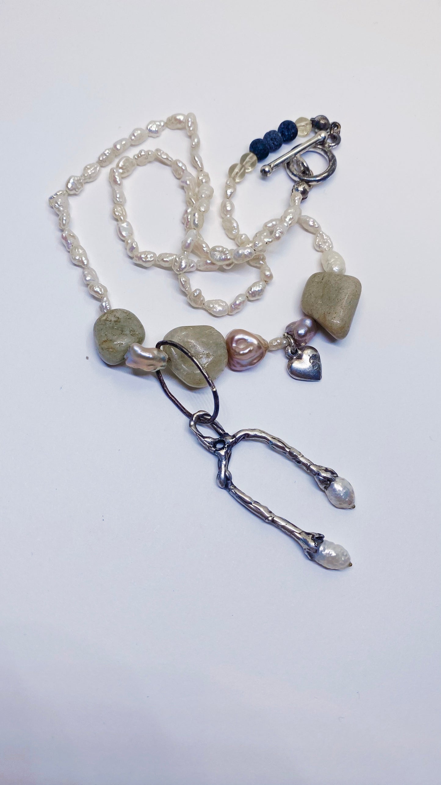 secret door pearl pendant with chunky jasper and silver heart