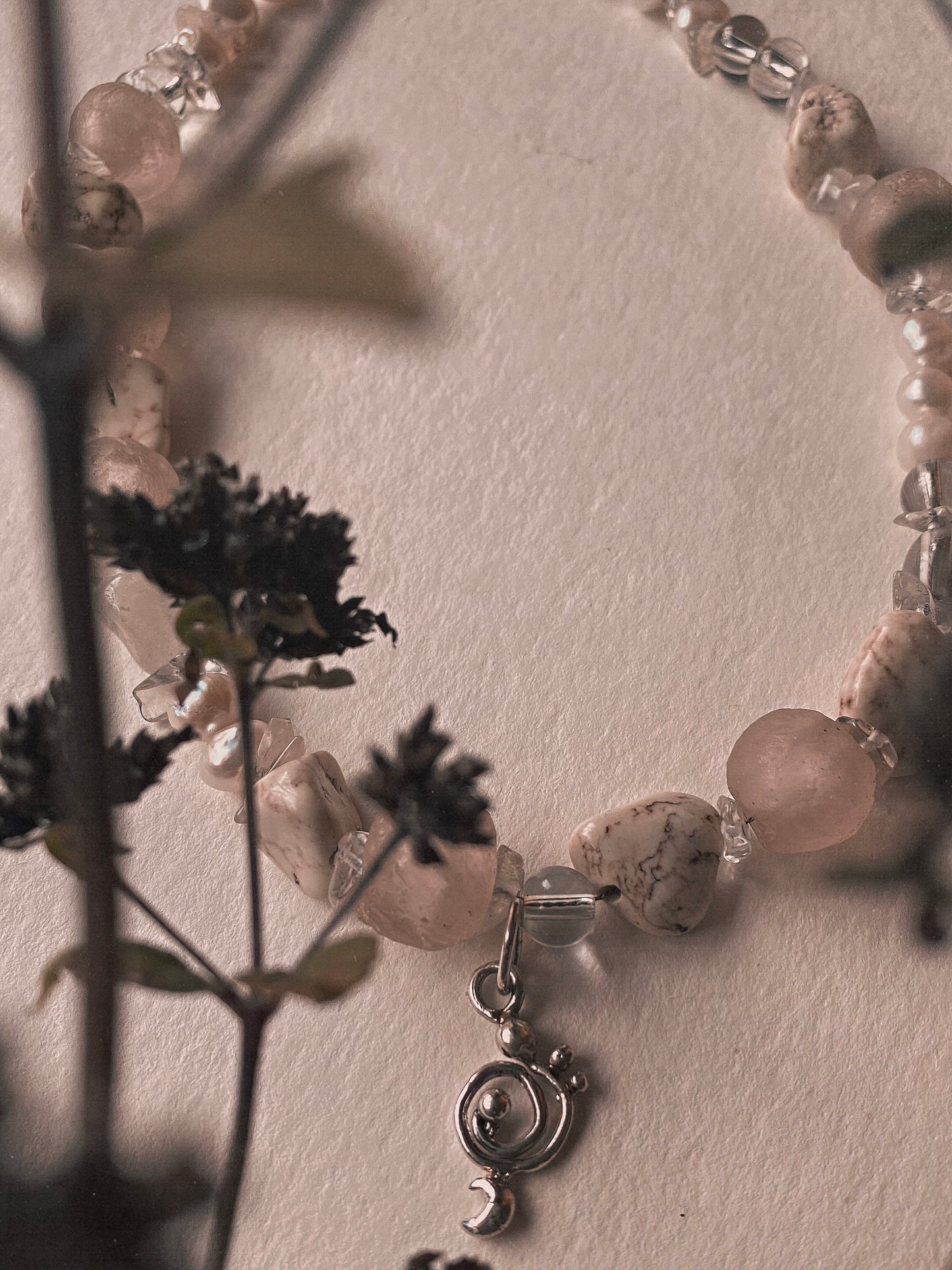 mini droplet clef spiral on chunky pearl & mineral strand 𓅪 corvina 𓅪 – handmade statement necklace with recycled materials, pearls, ethical gemstones, one-of-a-kind artisan gift