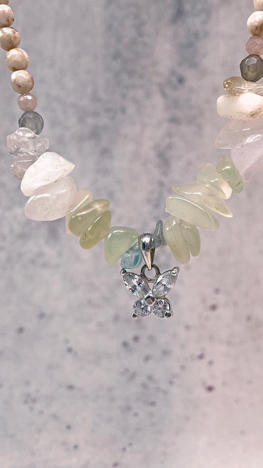 mini butterfly on jade, apatite, rose quartz gradient with howlite