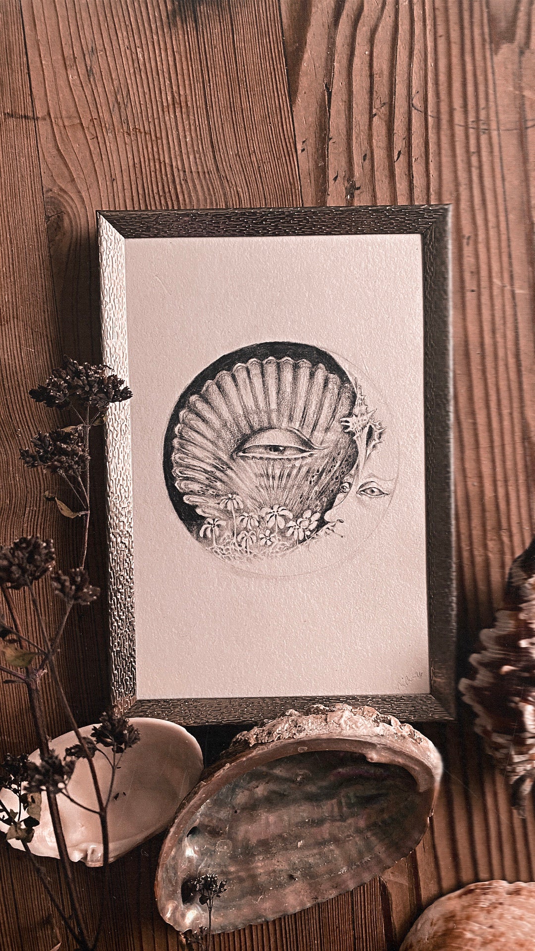 waxing crescent sea moon framed original drawing