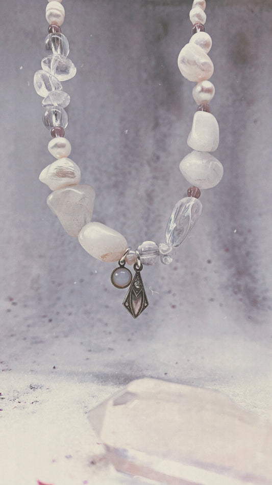 milky moonstone and vintage art noveau mini pendants on chunky pearl and gemstone strand