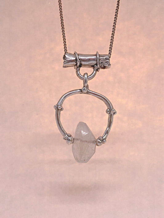 pale gold glint rutilated droplet silver pendant {door nox} – handmade rutilated quartz statement pendant, artisan gothic design, unique door knocker trinket silver