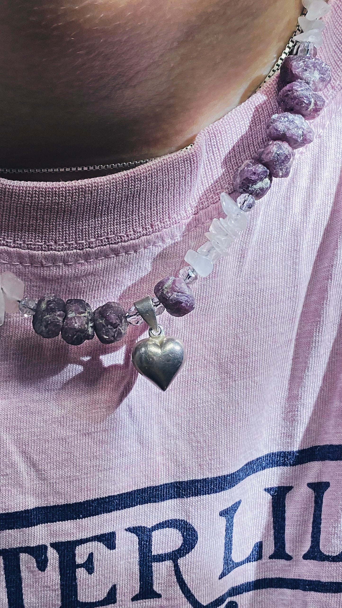 y2k vintage silver heart with rose quartz and rare, raw amethyst boulders