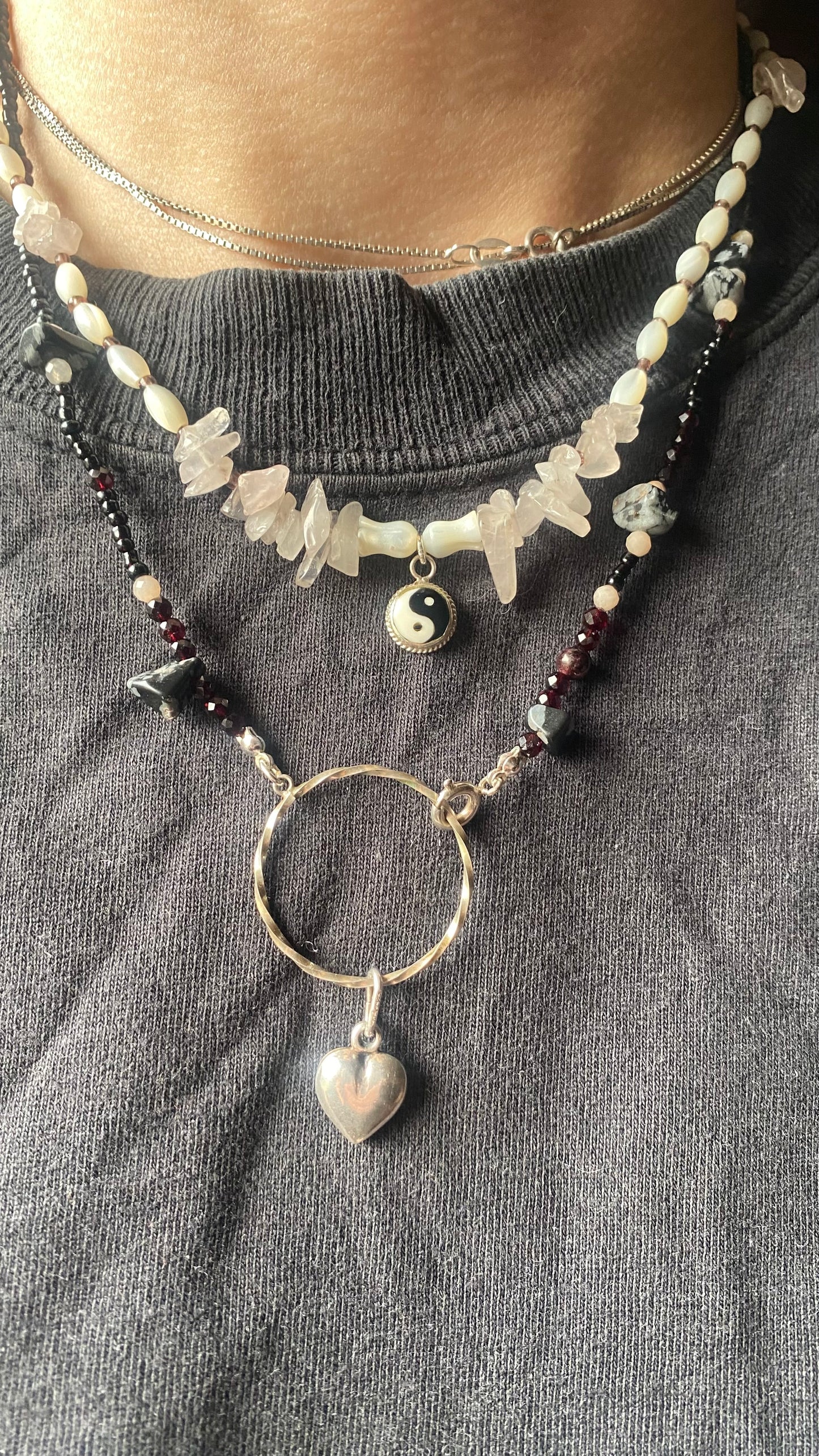 vintage silver heart circle with snowflake obsidian, garnet and sunstone