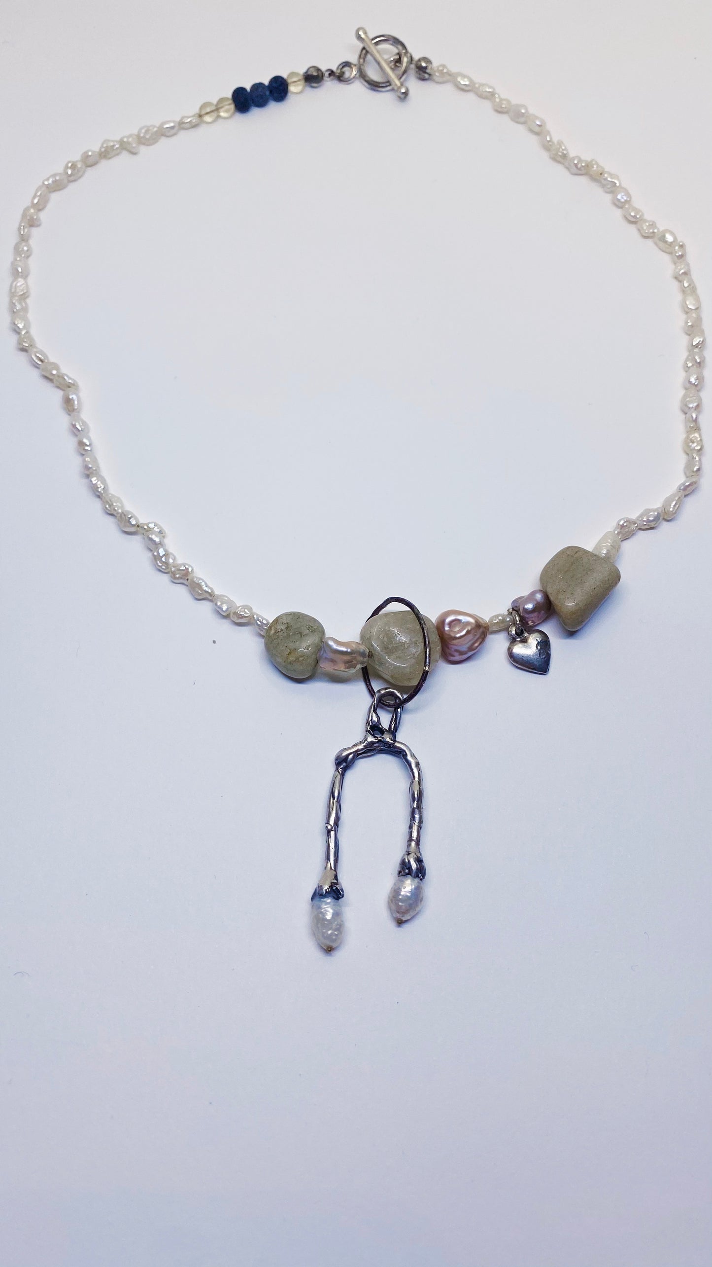 secret door pearl pendant with chunky jasper and silver heart