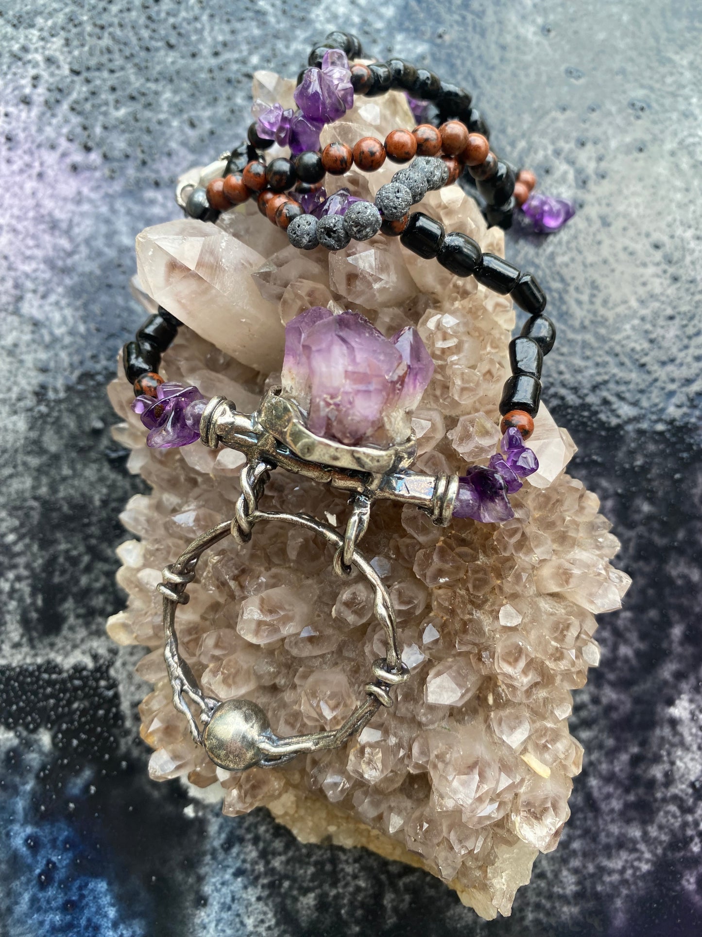 ꩜ volua talisman ꩜ amethyst with door knocker on mineral and lava aroma bead strand