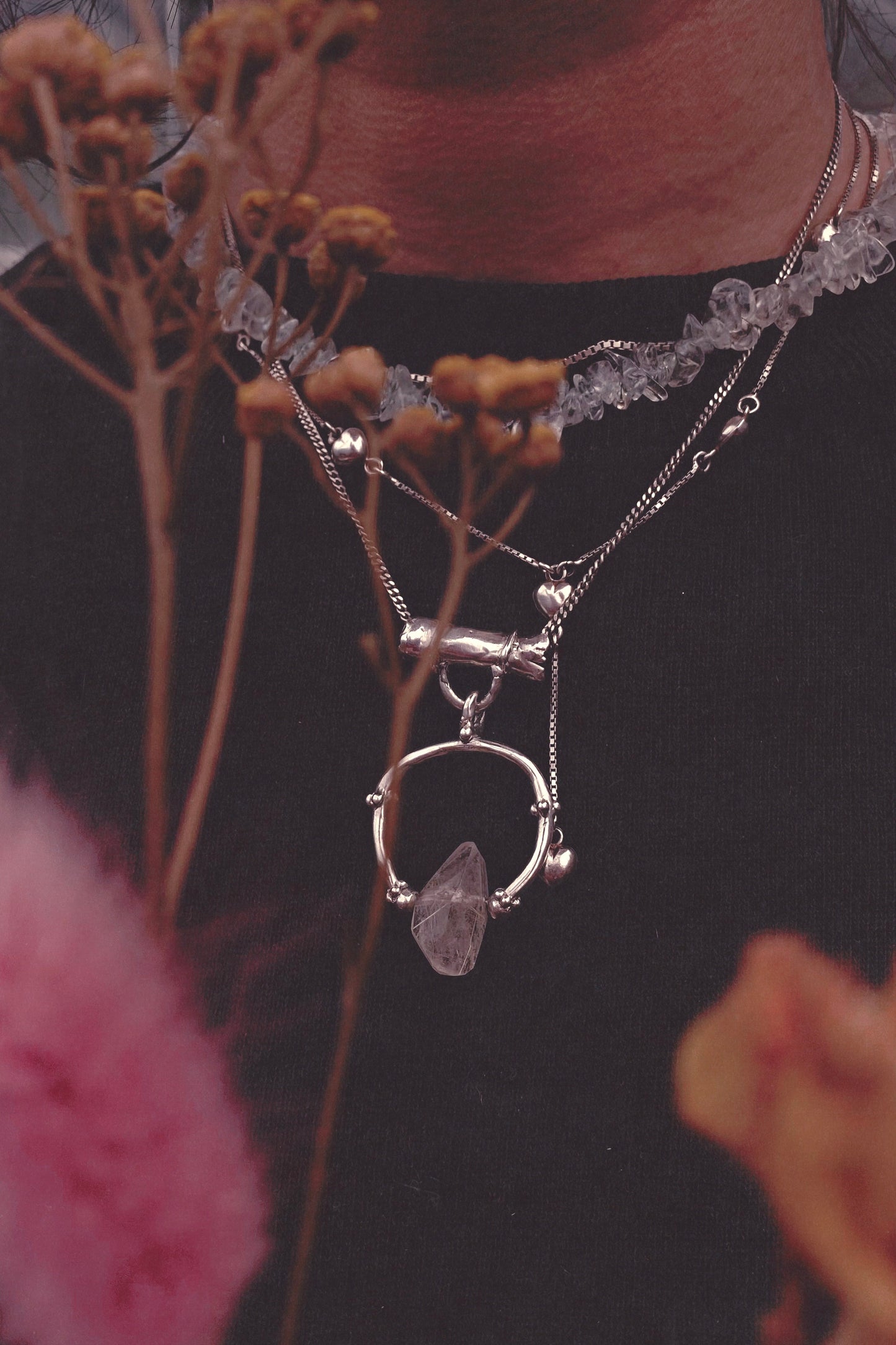 pale gold glint rutilated droplet silver pendant {door nox} – handmade rutilated quartz statement pendant, artisan gothic design, unique door knocker trinket silver