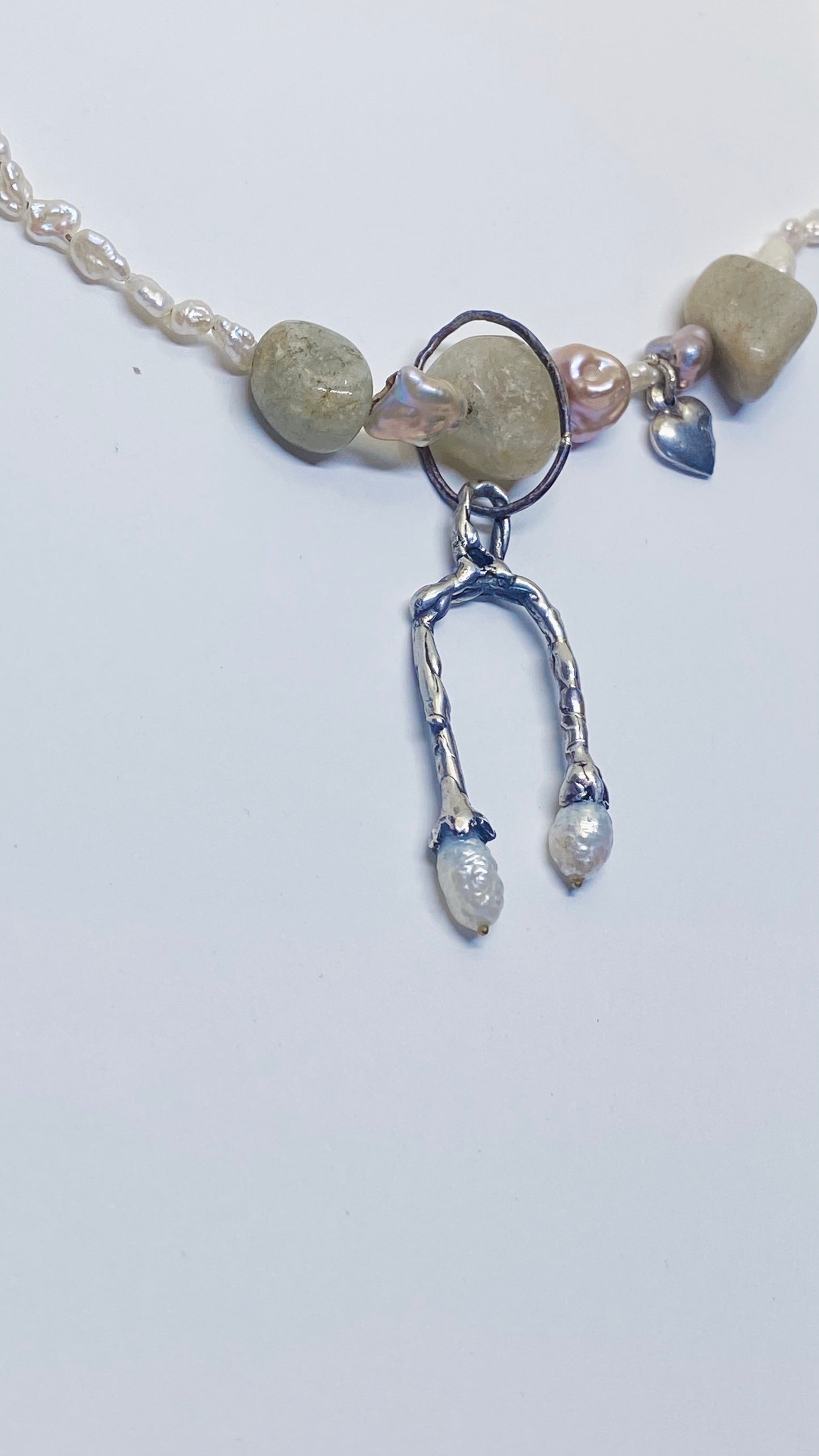 secret door pearl pendant with chunky jasper and silver heart