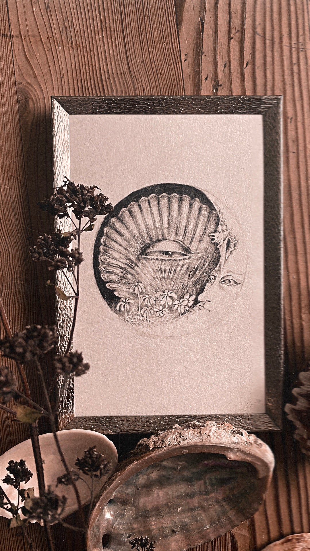 waxing crescent sea moon framed original drawing