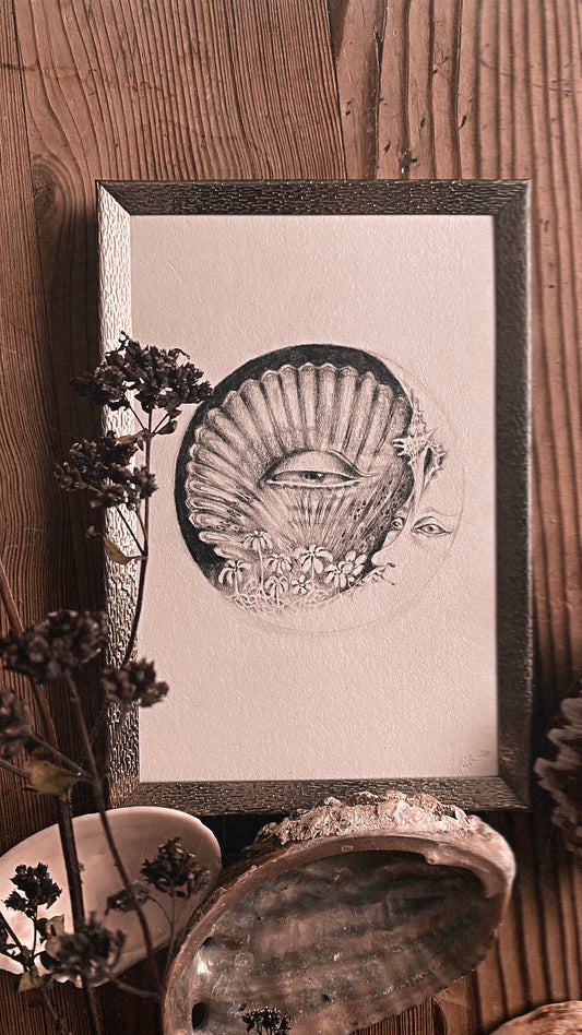 waxing crescent sea moon framed original drawing