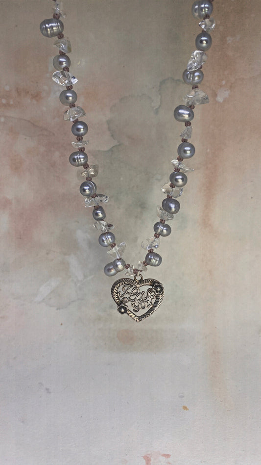 vintage 'i love you' silver heart on pearl and crystal