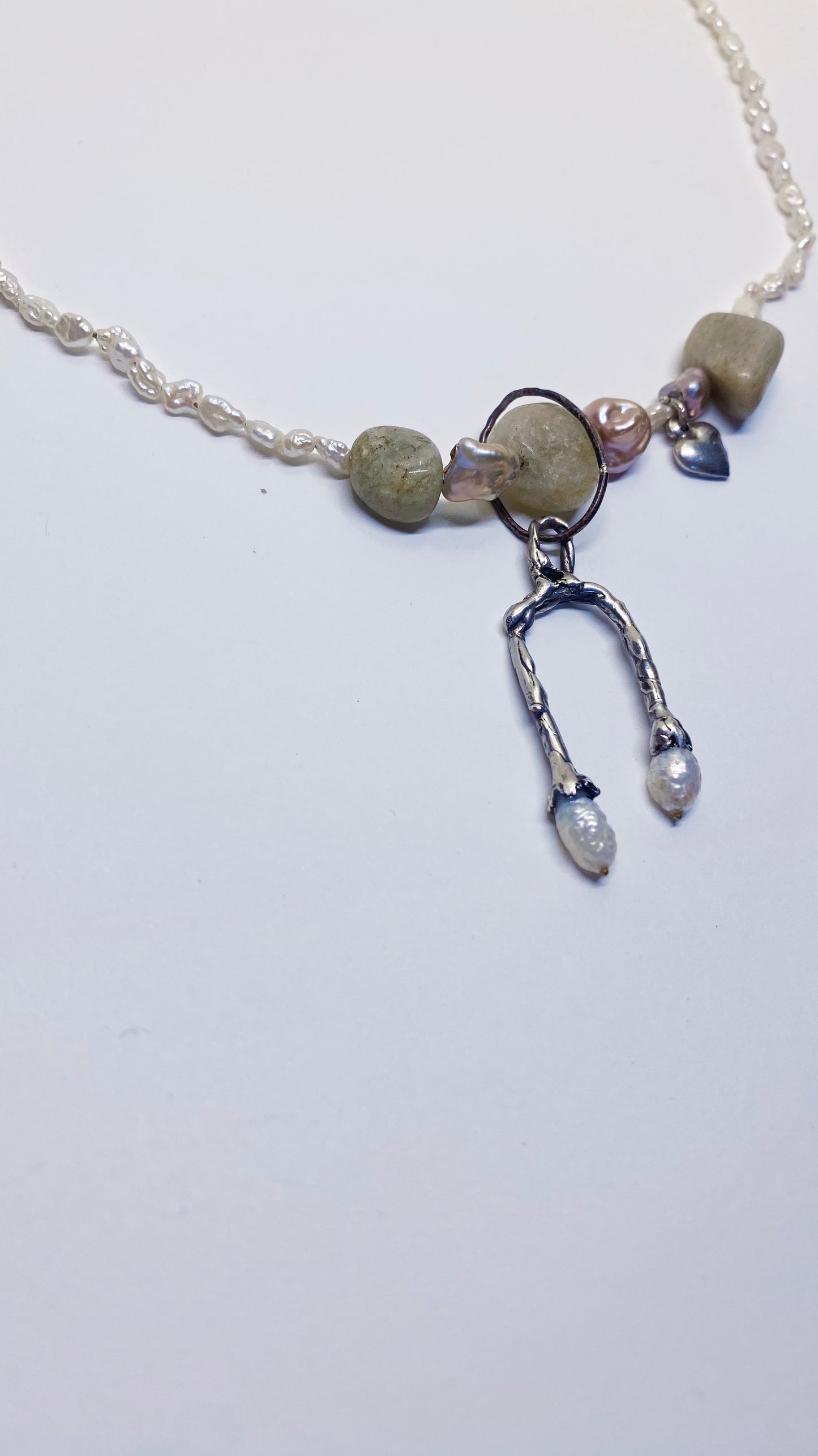 secret door pearl pendant with chunky jasper and silver heart